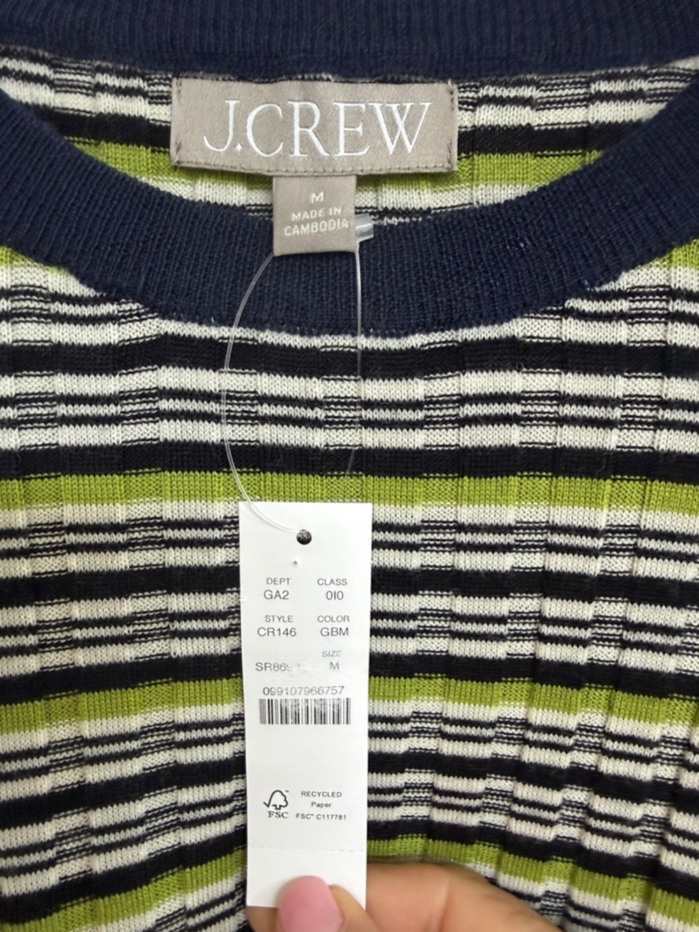 J. Crew Black, White & Olive Green Striped Ribbed Long-Sleeve Top - Picture 3 of 7